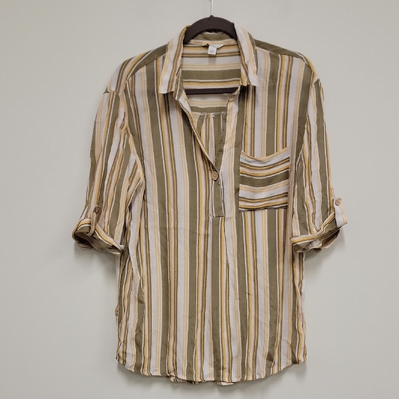 C Est. 1946 Tops - Striped Button-Down Shirt in Olive and Cream
